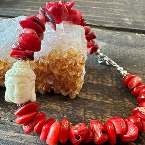 Buddha bracelet, red coral chip bracelet,