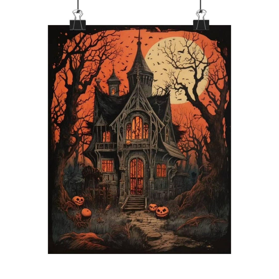 Haunted House Halloween Poster, Spooky Wall Art, Matte Vertical Prints ...