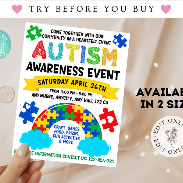 Autism Awareness Event Flyer, Autism Awareness Editable Flyer, Community Benefit, Family Day Fundraiser Event Template, Instant Download