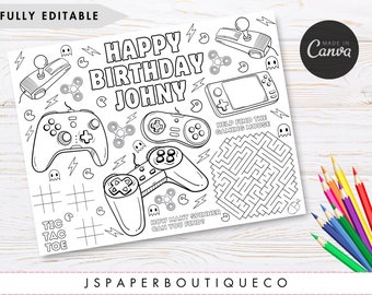 Video Game Coloring Placemat, Gaming Birthday, Coloring Placement for Kids, Game On, Level Up, Coloring Mat, Kids Coloring Page