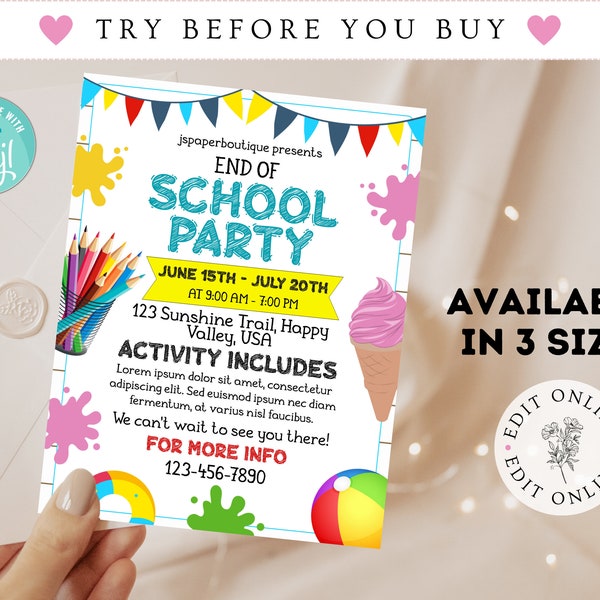 End of School Party Flyer, End of School Flyer, End of School Party Invitation, End of School Year Invite, Editable Digital Download