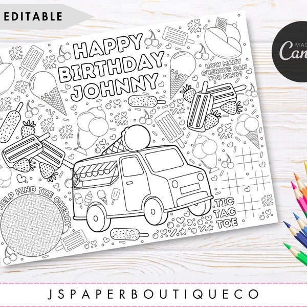 Ice Cream Truck Coloring Placemat, Ice Cream Party Coloring Page, Personalized Kids Coloring Page, Editable Party Activity Sheet Printable