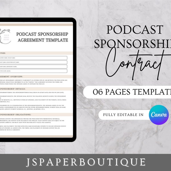 Podcast Sponsorship Contract Template, Podcast Sponsorship Agreement Template, Podcast Sponsor Contract Pdf, Editable Sponsorship Agreement