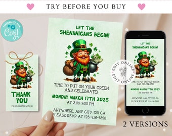 St Patrick's Day Party Invitation Template, Let the Shenanigans Begin, Saint Patricks Day Holiday, Luck of the Irish Party, Editable