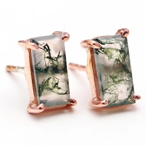 Natural Moss Agate Octagon Stud Earring, 925 Sterling Silver Delicate Jewelry, Vintage Earrings, Rose Gold Plated, Birthday Gift For Lovers