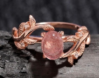 Strawberry Quartz Ring: Rose Gold 925 Sterling Silver, Dainty Oval Charm
