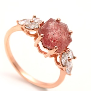 Strawberry Quartz Hexagon Ring: Rose Gold 925 Sterling Silver Handmade Jewelry