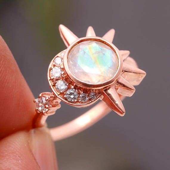 Natural White Moonstone Round Shape Sun Moon Ring, 925 Sterling