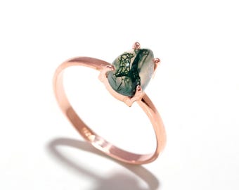 Natural Moss Agate Pear Ring, Rose Gold Plated Sterling Silver, Bohemian Handmade Jewelry