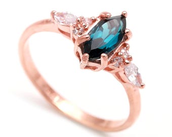 Natural London Blue Topaz Marquise Ring, Rose Gold Plated Sterling Silver, Bohemian Solitaire Jewelry