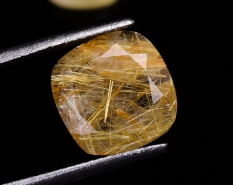 Natural Golden Rutile Quartz Cushion Gemstone, Faceted Loose Crystal for Jewelry Making (5x5-15x15mm)