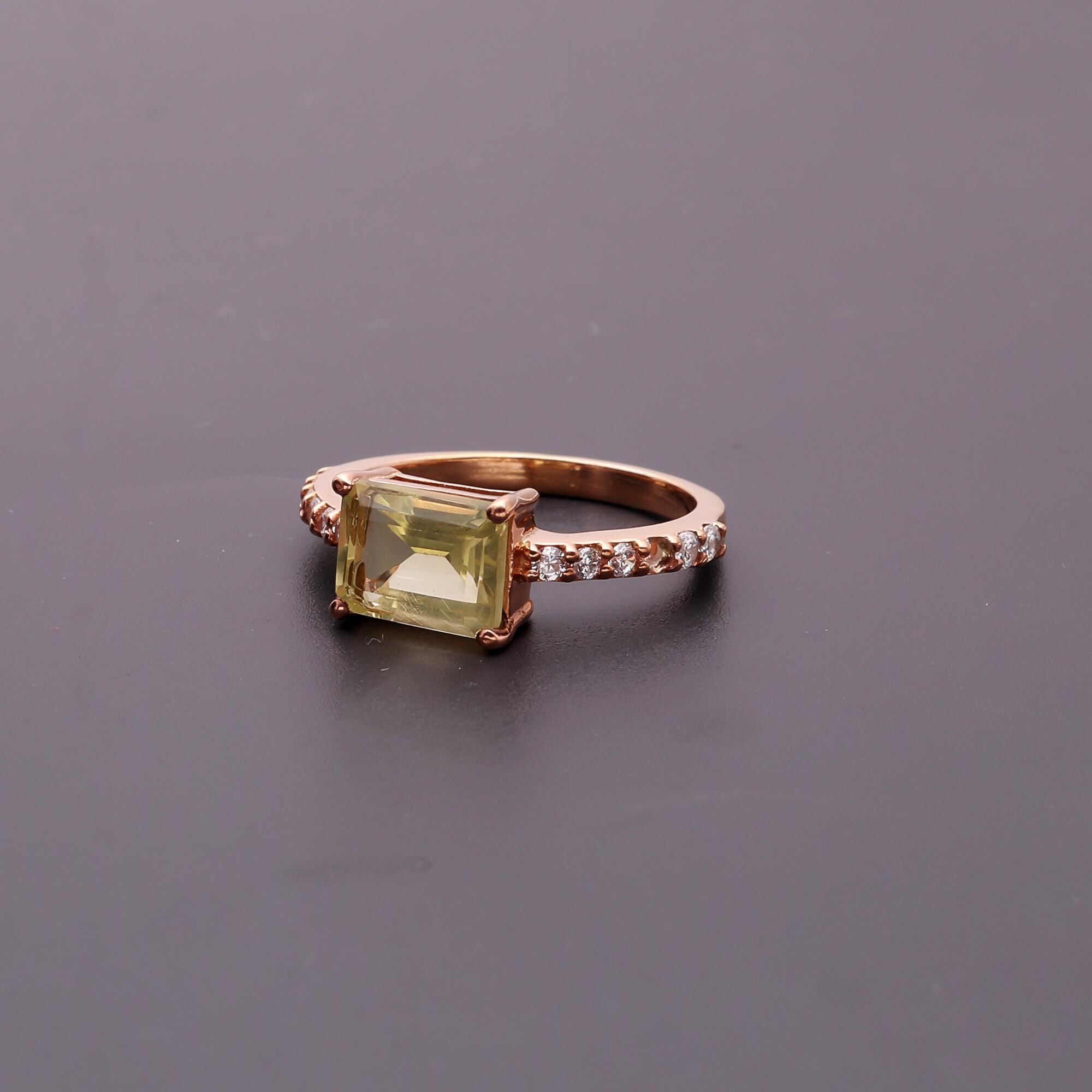 Lemon Quartz Octagon Ring, Rose Gold Sterling Silver, Delicate