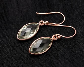 Natural Green Amethyst Marquise Dangle Earrings, Rose Gold Plated Sterling Silver Statement Jewelry