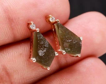 Moldavite Kite Stud Earrings: Rose Gold Plated Sterling Silver, Czech Jewelry