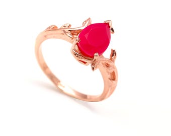 Natural Pink Chalcedony Pear Ring, Sterling Silver Boho Dainty Jewelry, Rose Gold Handmade Ring
