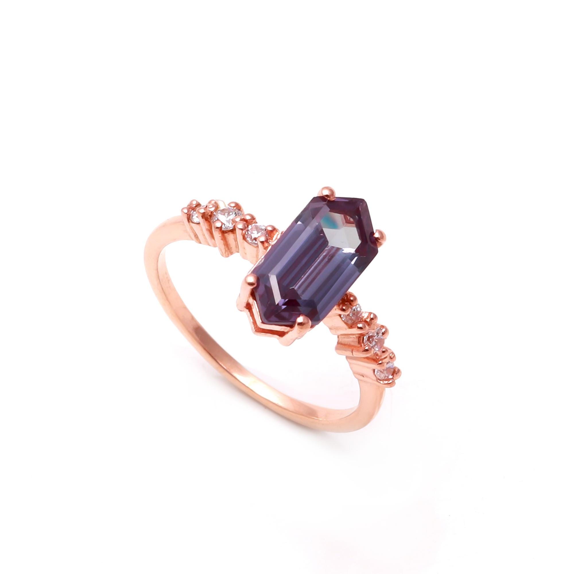 Purple Alexandrite Hexagon Ring: Rose Gold 925 Sterling Silver, Boho Engagement