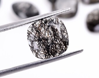 Natural Black Rutile Quartz Cushion Gemstone, Faceted AAA Quality (5x5-10x10mm)