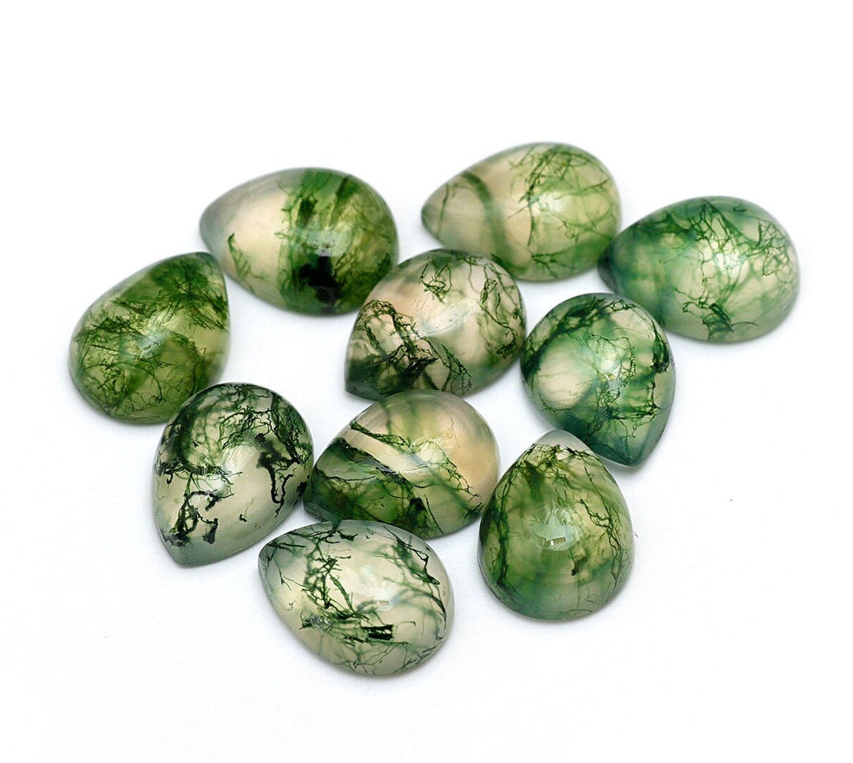 Green Moss Agate Pear Cabochon: Calibrated Gemstone, 8x6mm