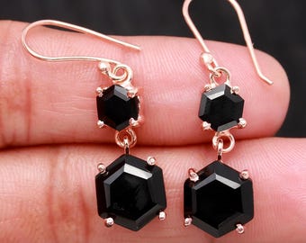 Pendientes colgantes hexagonales de ónix negro natural, joyería minimalista de plata de ley con baño de oro rosa