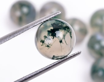 Moss Agate Ball Cabochon: 10mm Green Crystal Gemstone, Half Drilled