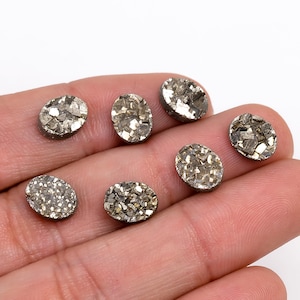 Pyrite Druzy Oval Shape Brilliant Cut, Natural Pyrite Loose Gemstone for Jewelry Making, Pyrite Cluster Crystal Calibrated 7X5 To 12X10 mm
