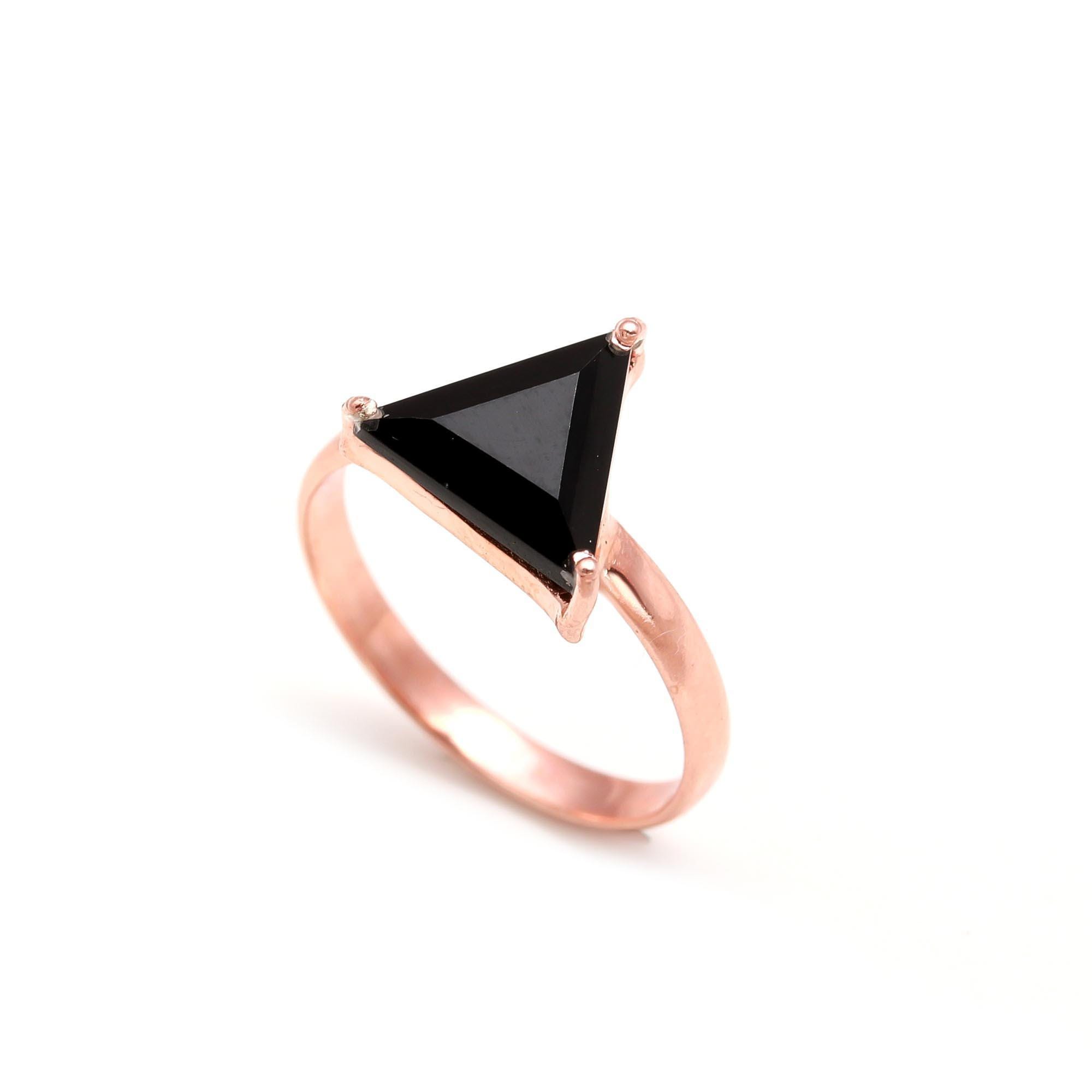 Natural Black Onyx Triangle Ring, 925 Sterling Silver, Rose Gold