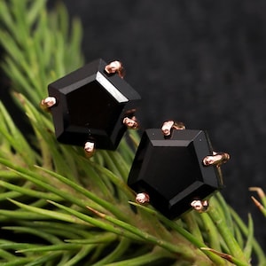 Black Onyx Pentagon Stud Earrings: Rose Gold 925 Sterling Silver