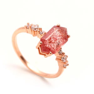 Strawberry Quartz Hexagon Ring: Rose Gold 925 Sterling Silver Handmade Jewelry