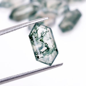 Natural Moss Agate Elongated Hexagon Stone , Unique Loose Gemstone For Jewelry Making, Faceted Cut Calibrated Agate Crystal 10X5mm To 13X7mm