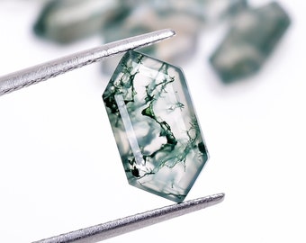 Faceted Moss Agate Gemstone: Elongated Hexagon Crystal (10X5mm To 13X7mm)