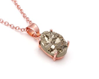 Natural Pyrite Oval Pendant Necklace, Rose Gold Plated Sterling Silver, Boho Chain Jewelry