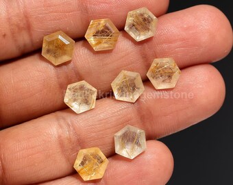 Golden Rutile Quartz Hexagon Gemstone: Faceted Cut, Calibrated Size 8x8 mm