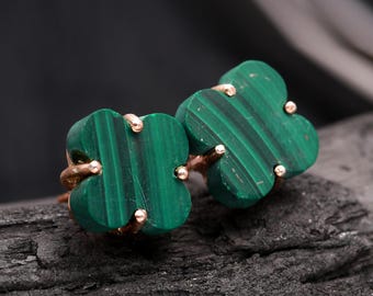 Boucles D'Oreilles Dormeuses En Malachite Véritable Et Acier - Haut. 3,2 Cm
