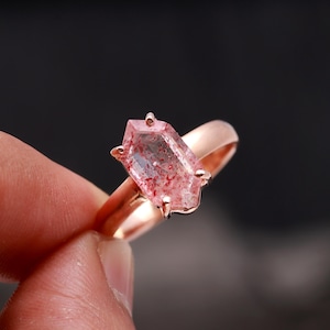 Rose Gold Strawberry Quartz Ring: Sterling Silver Hexagon Gemstone