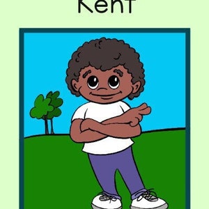 Op de afbeelding: Een illustratie van een jonge jongen genaamd Kent met een bruine huid, bruin haar en een wit shirt. Hij staat met zijn armen gekruist en kijkt naar rechts. De achtergrond is een blauwe lucht met een groen grasveld en twee bomen.