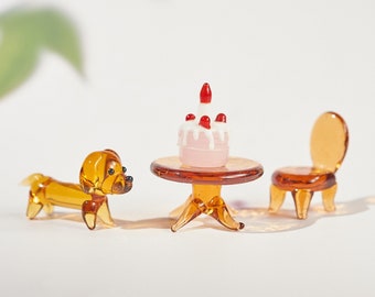 Dollhouse Miniatures Furniture Set,Glass Furniture,Glass Cake,Glass Puppy,Desktop Ornaments,Dollhouse Deco,Dollhouse Gift,Handmade glass art