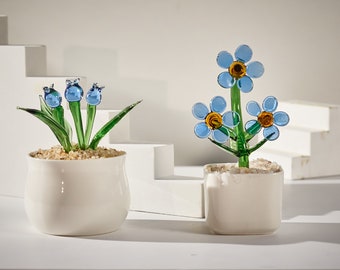 Suculentas de vidrio hechas a mano, plantas en macetas de vidrio, mini plantas de vidrio, arte en vidrio, flor de vidrio, flor azul, vidrieras, regalo de graduación