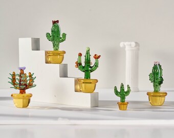 Mini cactus de vidrio, suculentas de vidrio fundido, vidrieras, amante de los cactus, planta de casa artificial, arte de vidrio, conjunto de decoración de automóviles, decoración del hogar