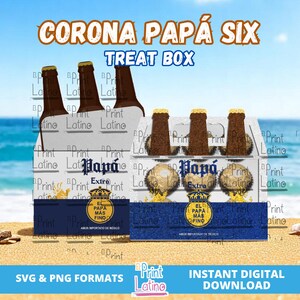 May include: A digital design for a "Corona Papá Six Treat Box" featuring six beer bottles in a cardboard carrier. The design includes the text "Corona Papá Six" and "Treat Box" in a beach setting with SVG & PNG formats and instant digital download.