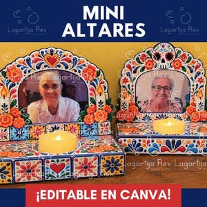 May include: Two rectangular photo frames with arched tops, decorated with colorful floral patterns, hearts, and a skull. Each frame features a central photograph of an elderly person and a small yellow LED candle placed on the base. Text reads MINI ALTARES.