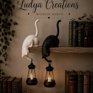 Gatto decorativo con lanterna – Decorazione luminosa per libreria | Gatto bianco o nero | Stampa 3D