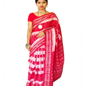 Sambalpuri Ikkat Cotton Handloom Red and White Box Pasapali Saree. Gift for Her.