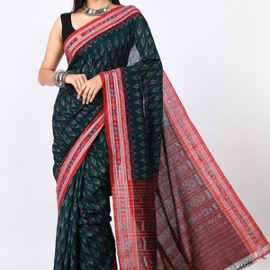 Sambalpuri Ikkat Cotton Handloom Labanga Dehabandha B.green & Red saree. Gift for Her.