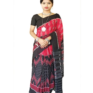 Sambalpuri Ikkat Cotton Handloom Red and Black Bada Kumbha Saree. Gift for Her.