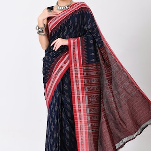 Sambalpuri ikkat cotton handloom labanga dehabandha Navy Blue & red saree.Gift for Her.