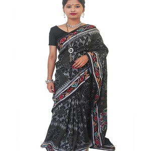 Sambalpuri Ikkat Cotton Handloom Grey & Black Computer Saree. Gift for Her.