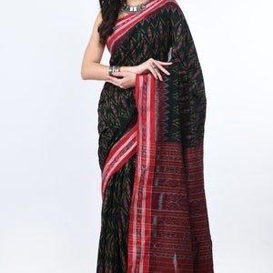 Sambalpuri Ikkat Cotton Handloom Labanga Dehabandha Black & Red saree. Gift for Her.
