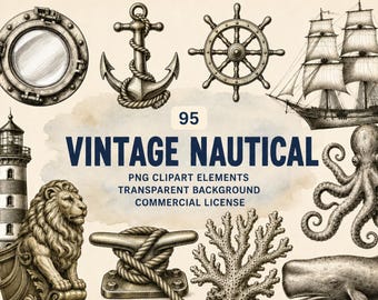 Vintage Nautical Clipart Bundle, Antique Ship PNG, Ocean Engraving Graphics, Coastal Decor, Transparent Background, Commercial Use Download