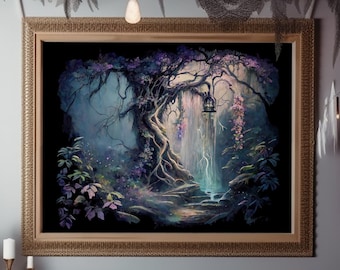 Watercolor Fairy Tree Print: Enchanted Twilight Forest Grotto - Whimsigoth Wall Decor