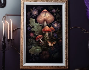 Könnte beinhalten: Eine gerahmte Illustration einer Gruppe von roten und orangefarbenen Pilzen mit weißen Flecken, die in einer dunklen Waldlandschaft wachsen. Die Pilze sind von grünen Blättern und violetten Blumen umgeben. Ein Schmetterling sitzt auf einem der Pilze.